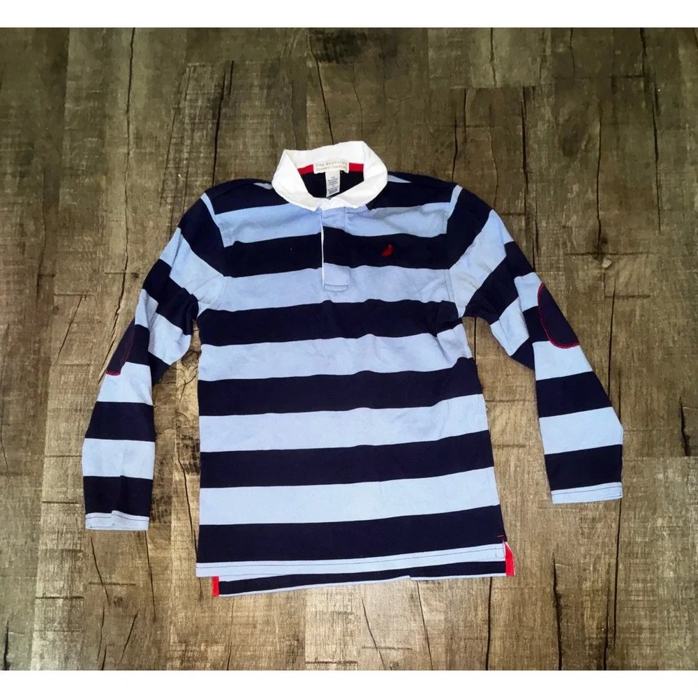 The Beaufort Bonnet Company Boys Rugby Shirt Blue Striped Pima Cotton Size 12
